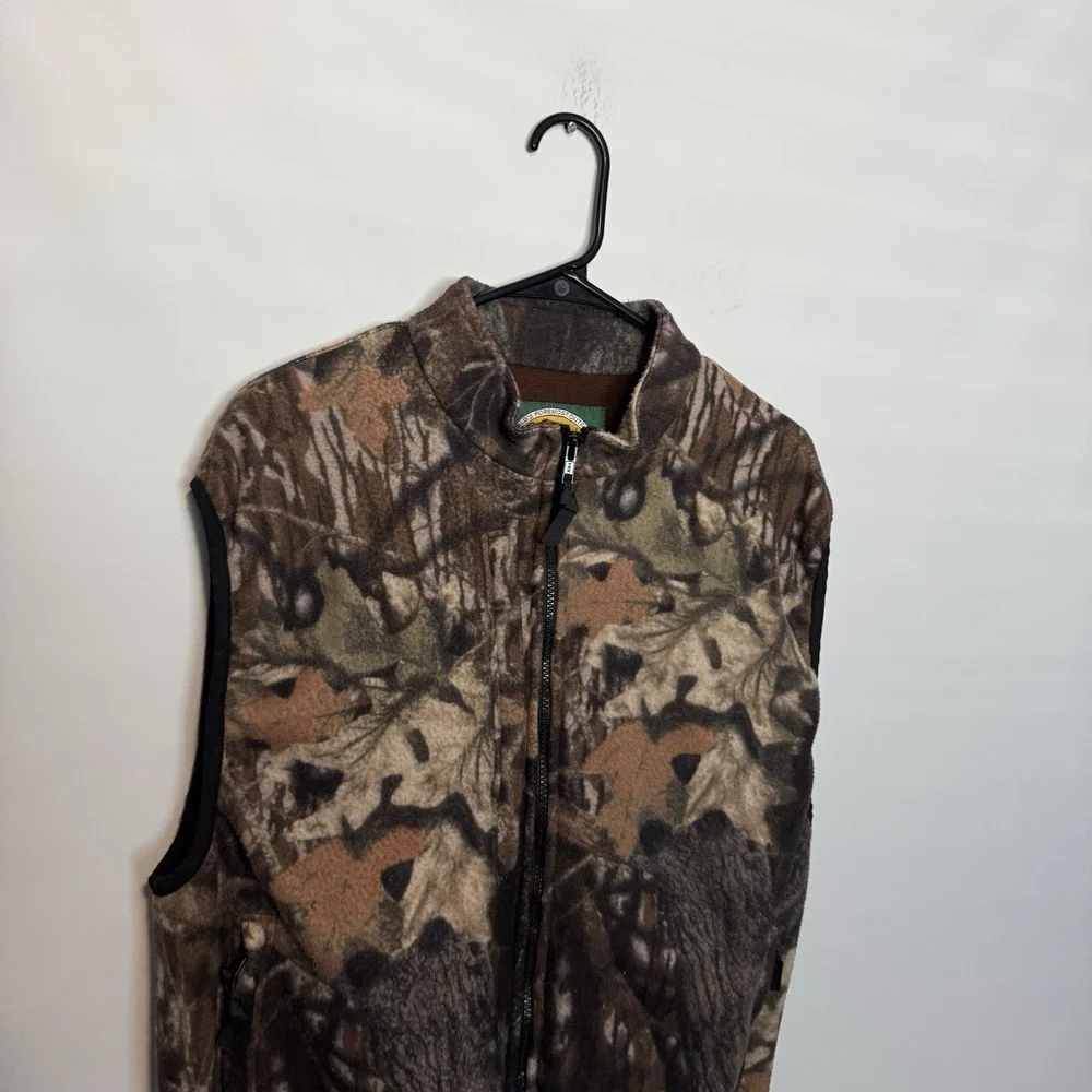 Vintage Cabelas Vest Mens Large Brown Camo Full Zip Fleece Hunting Made in USA